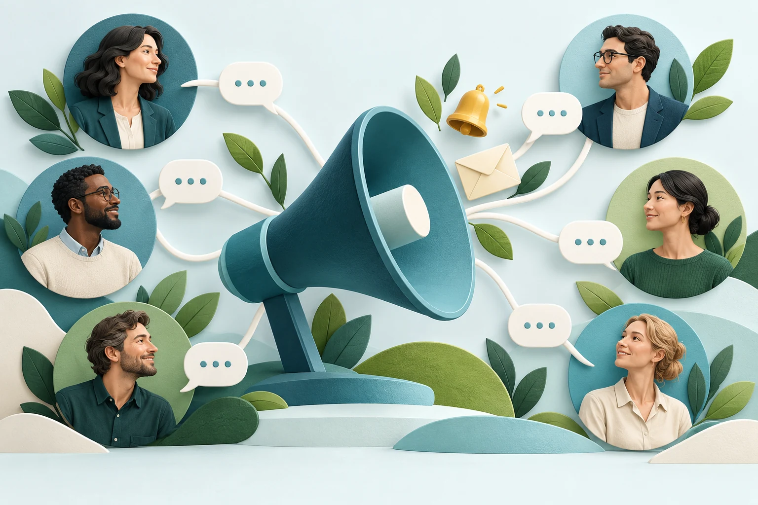 Illustration of a megaphone connecting announcements to community conversations.