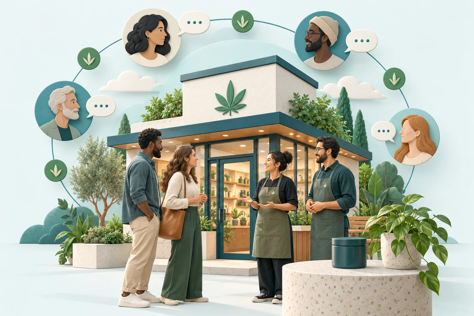 Illustration of dispensary staff and adult visitors connected through conversations.