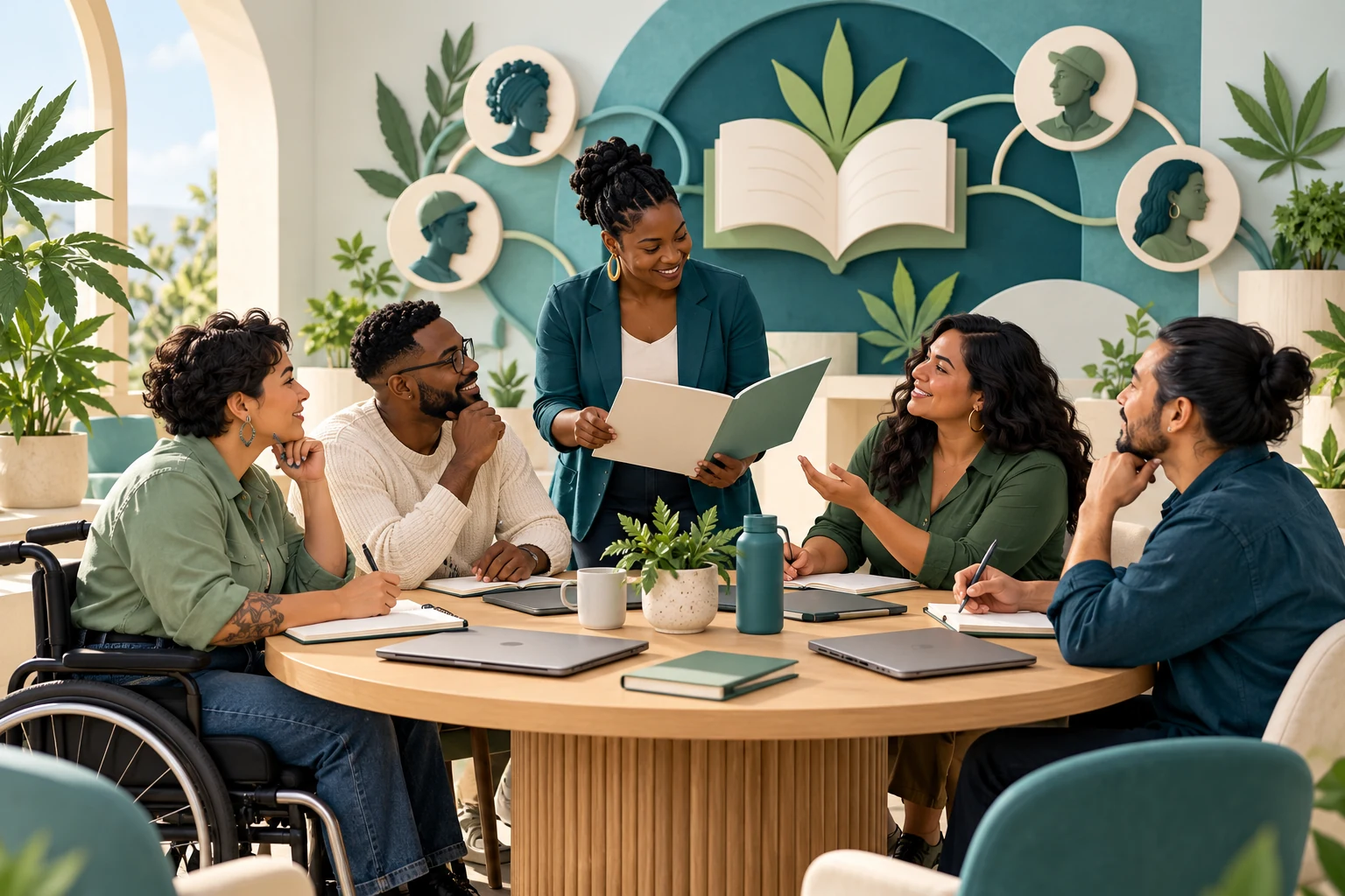 Concept illustration of adult cannabis entrepreneurs sharing knowledge in an inclusive peer workshop.