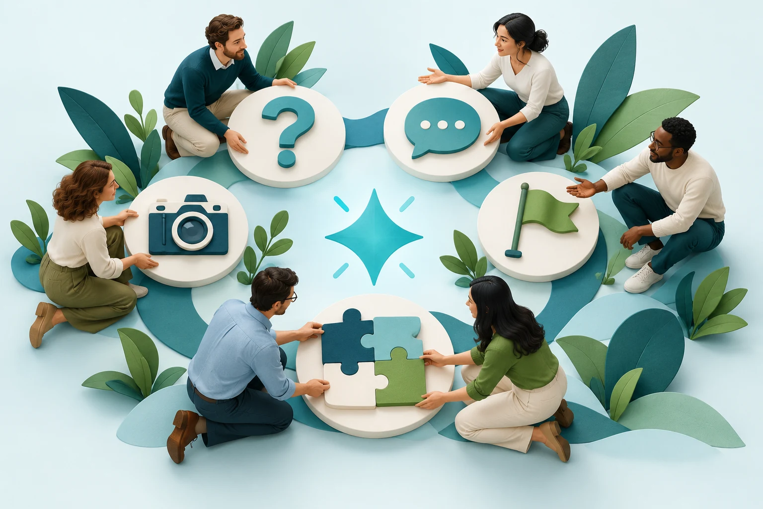 Illustration of a Spark surrounded by question, conversation, collaboration and contribution symbols.